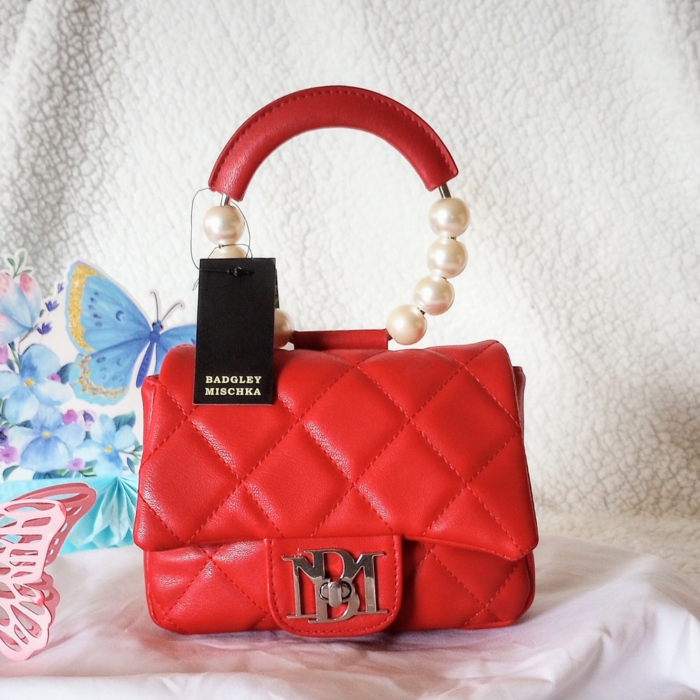 Badgley Mischka Red Quilted Bag W/ Gorgeous PEARLED clutch,NWT